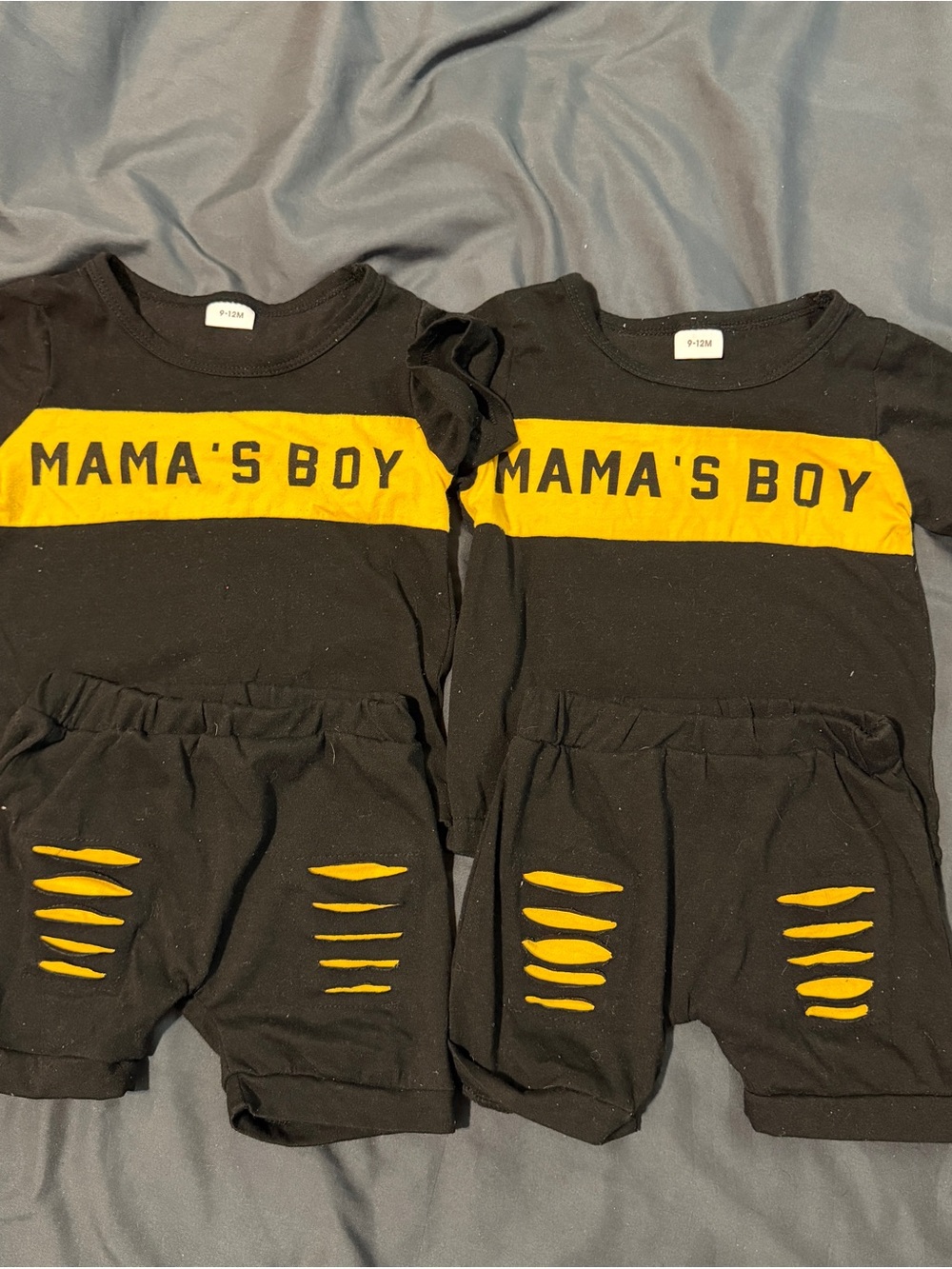 Amazon Black and Yellow "MAMA'S BOY" Matching Kids Shorts Set